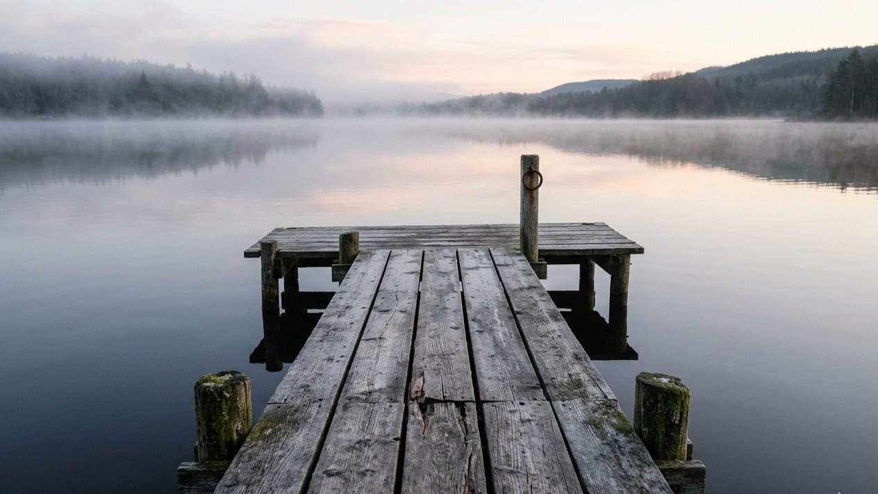 The dock below Helm Harbor Cottage, early in the morning