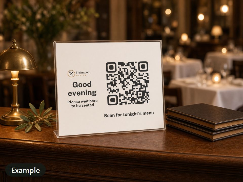Example: a 10 x 8 in clear acrylic table sign for Helmwood Bistro on the host stand of a candlelit dining room: the bistro’s logo and “Good evening” beside a QR code, “Scan for tonight’s menu” and “Please wait here to be seated”.