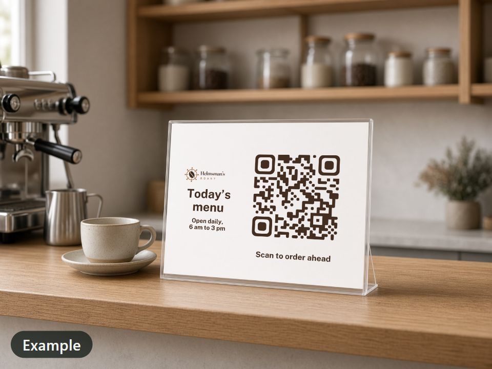 Example: a 7 x 5 in clear acrylic table sign for Helmsman’s Roast on a coffee bar beside an espresso machine: the coffee shop’s logo and “Today’s menu” beside a QR code, “Scan to order ahead” and the opening hours.