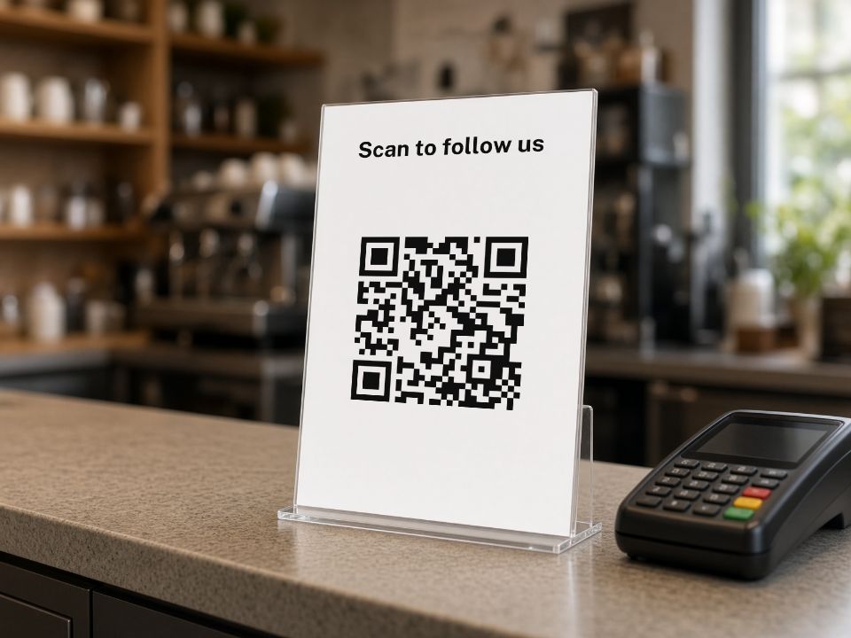 A 4 x 6 card in a clear frame beside a card reader, printed from the counter card file you get: "Scan to follow us" above your QR code.