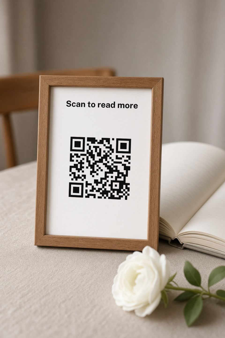 A 4 x 6 card in a wooden frame beside a guest book, printed from the counter card file you get: "Scan to read more" above your QR code.
