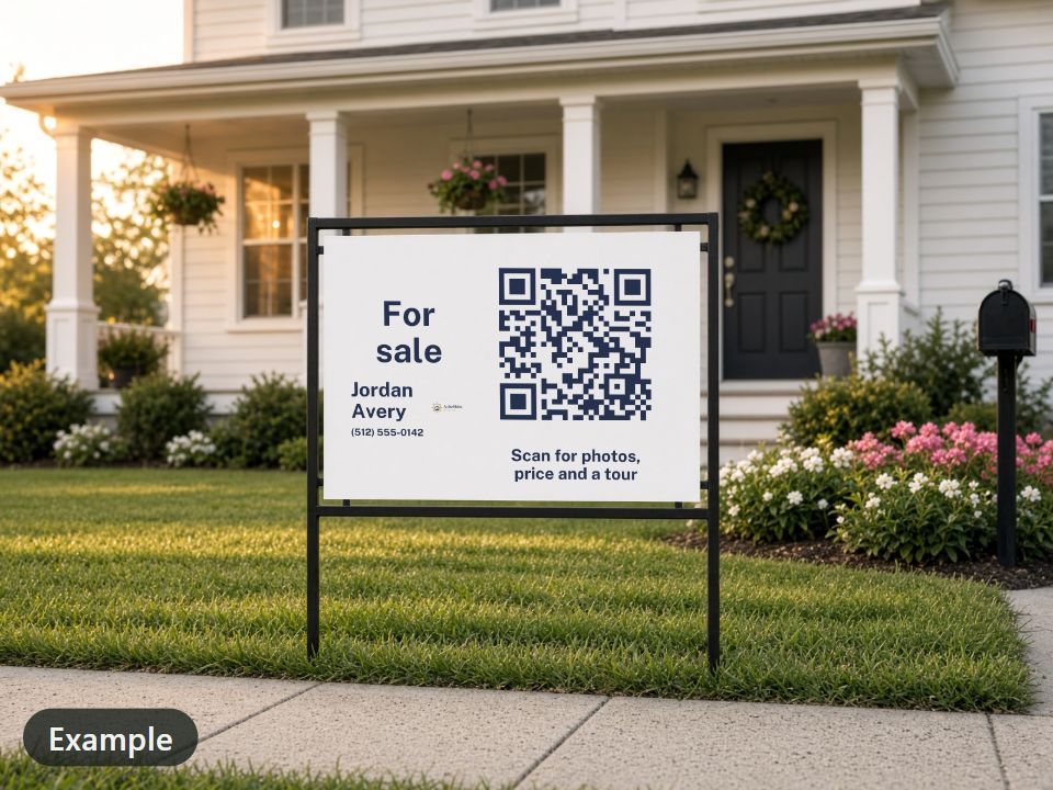 Example: a 24 x 18 in metal yard sign for At the Helm Realty in its black frame on the lawn of a white house with a porch: “For sale”, the agent Jordan Avery, the phone number (512) 555-0142 and the brokerage logo beside a large QR code, “Scan for photos, price and a tour” under it.