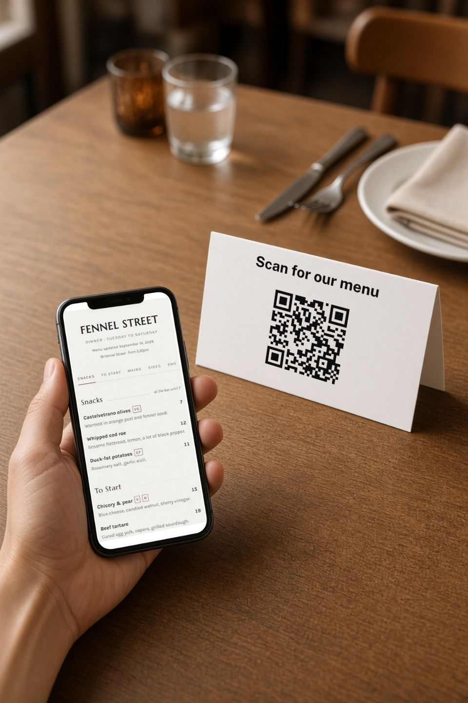 A phone held beside a table tent printed from the file you get. The tent says "Scan for our menu" above your QR code; the phone shows the menu page the scan opened.