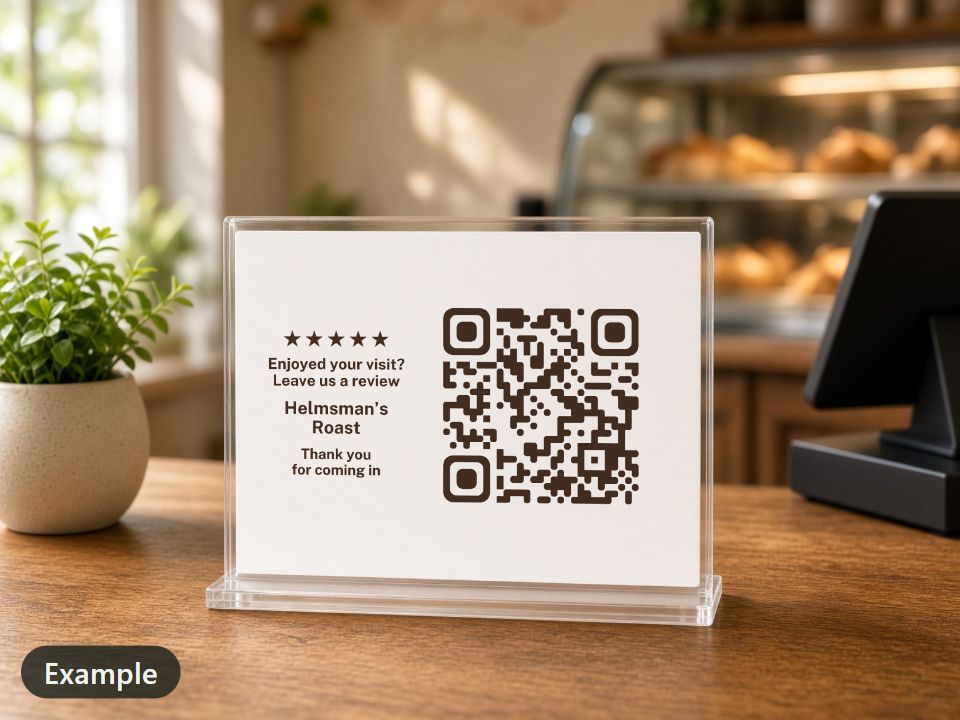 Example: a 7 x 5 in clear acrylic table sign for Helmsman’s Roast on a cafe counter: five drawn stars and “Enjoyed your visit? Leave us a review” beside a QR code, with the coffee shop’s name and “Thank you for coming in” under them.