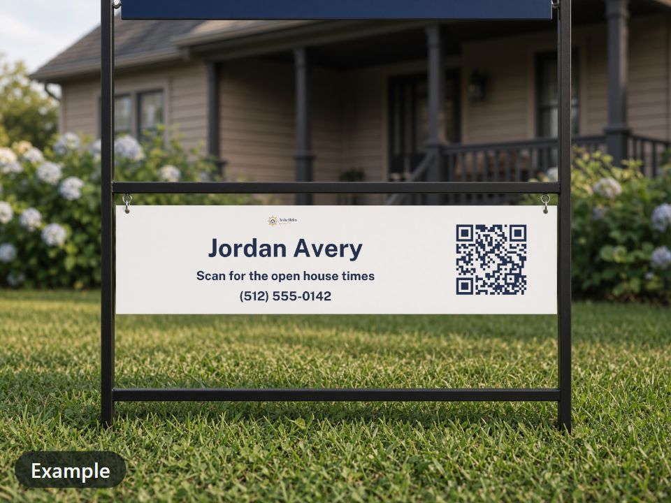 Example: a 24 x 6 in metal rider for At the Helm Realty hanging on two rings under a yard sign frame: the brokerage logo, the agent Jordan Avery, “Scan for the open house times” and the phone number (512) 555-0142 beside a QR code.