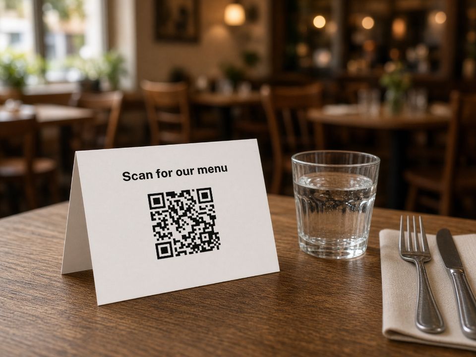 A table tent on a restaurant table, printed from the sign file you get.