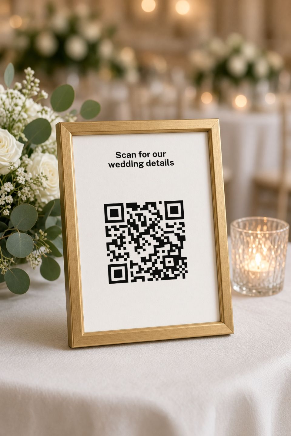 A 4 x 6 card in a gold frame on a wedding welcome table, printed from the counter card file you get: "Scan for our wedding details" above your QR code.