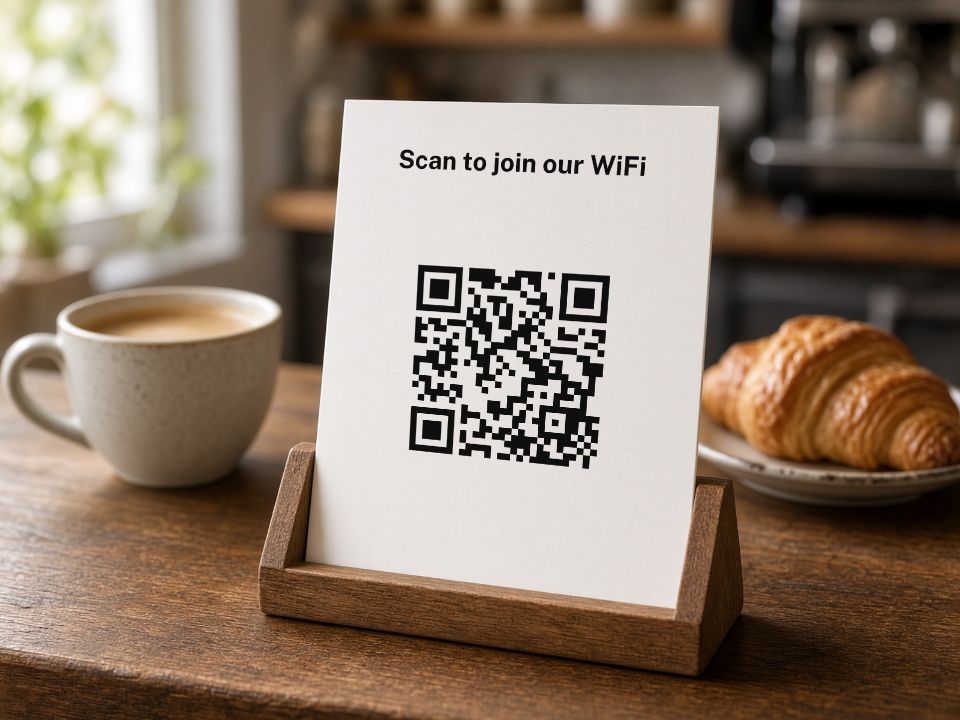 A 4 x 6 card in a wooden stand on a cafe table, printed from the counter card file you get: "Scan to join our WiFi" above your QR code.