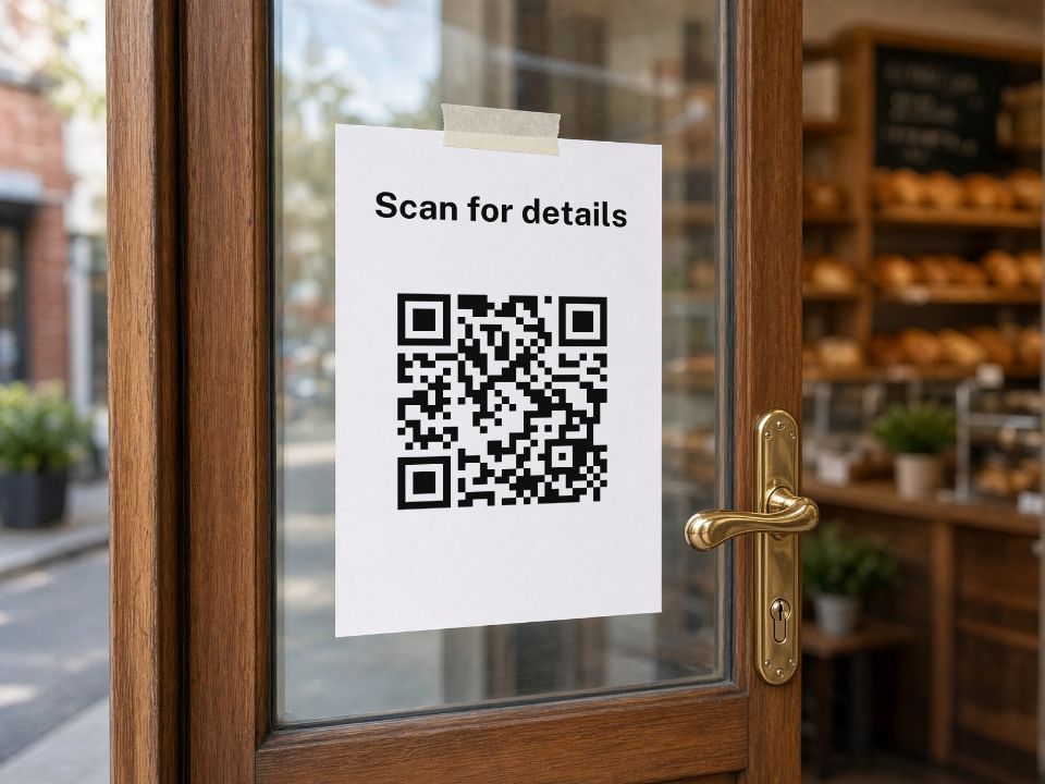 A letter-size sign taped inside a bakery's glass door, printed from the window sign file you get: "Scan for details" above one large QR code.
