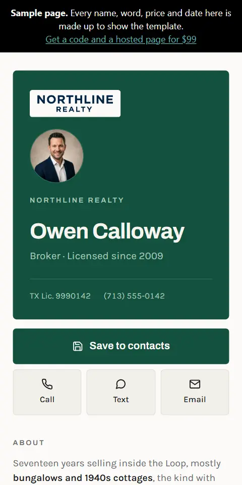 The Business card example page, as it looks on a phone