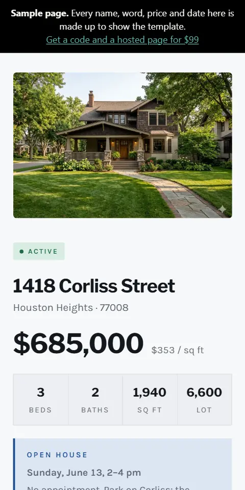 The Property listing example page, as it looks on a phone