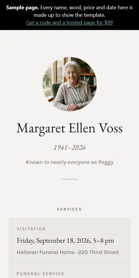 The Memorial example page, as it looks on a phone
