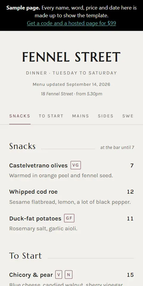 The Menu example page, as it looks on a phone