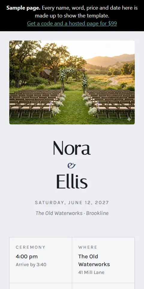 The Wedding example page, as it looks on a phone